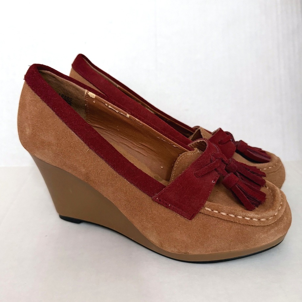 Y2K Women Tan Burgundy Suede Tassel Wedge Loafer Shoes Size 8‎ M